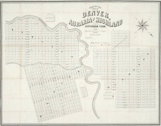 Image of a 19th century Denver street map: Plan of the cities of Denver, Auraria, and Highland, Jefferson Territory
