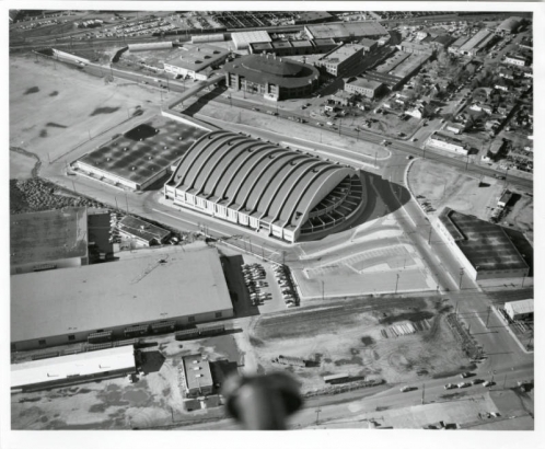 Aerial photogrph of the Denver Coliseum and surrounding Globeville neighborhood in Denver, Colorado.
