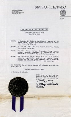Honorary Proclamation from Governor Roy Romer for Juneteenth