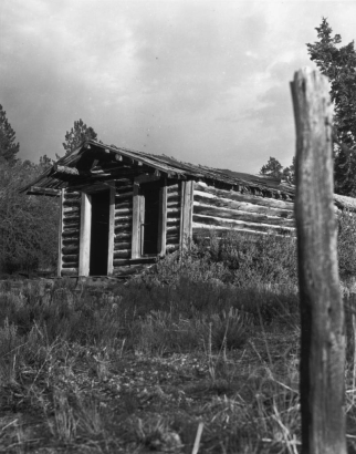 View of an abandoned, dilapidated, hewn log schoolhouse in the ghost town of Turret, Colorado in Chaffee County, shows a front gable, chinking, front window and door and peeling tar paper on roof. Summer, 1974.