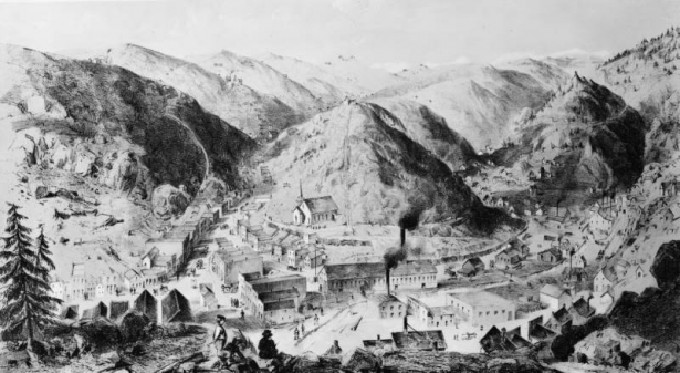Reproduction of pencil rendering; shows Black Hawk, Gilpin County, Colorado, with Gregory Gulch, Chase Gulch, residences, businesses, and mining facilities.