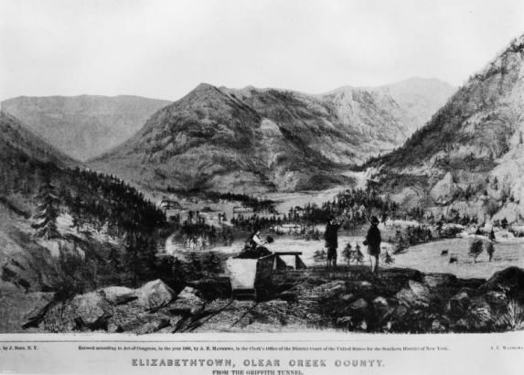 Reproduction of lithograph; shows Elizabethtown (later Georgetown), Clear Creek County, Colorado, with men and ore car.