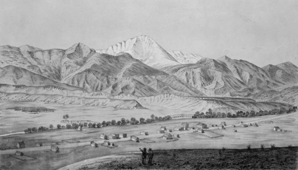 Reproduction of lithograph of A. E. Mathews' drawing of Colorado City, El Paso County, Colorado; shows houses and Pikes Peak.