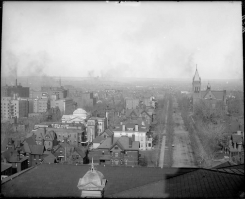 Right side of the panorama view from Capitol building, Denver, Colorado; shows a turret, the Brown Palace Hotel, Hotel Metropole on Broadway and view north along Sherman Street past the Central Presbyterian Church.