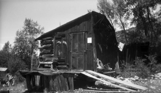 A dilapidated log cabin in Liberty, Saguache County, Colorado, has a bench on the porch, and a ramp. Bird wings are next to the door, by a  sign: "Notice."