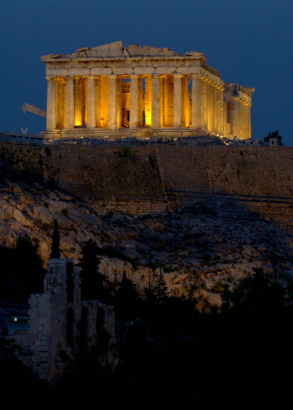 (ATHENS, GREEECE, AUGUST 10, 2004)   A view of the  Greece's famous Parthenon built above the ruins of Acropolis glows in night high above the Olympic city of  Athens, Greece on Tuesday, August 10, 2004. (photo by RODOLFO GONZALEZ/ROCKY MOUNTAIN NEWS)