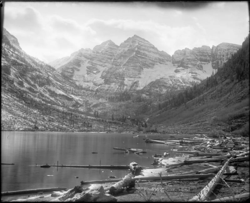 View across Maroon Lake towards Maroon Bells, near Aspen, Pitkin County, Colorado; shows North Maroon Peak and Maroon Peak.