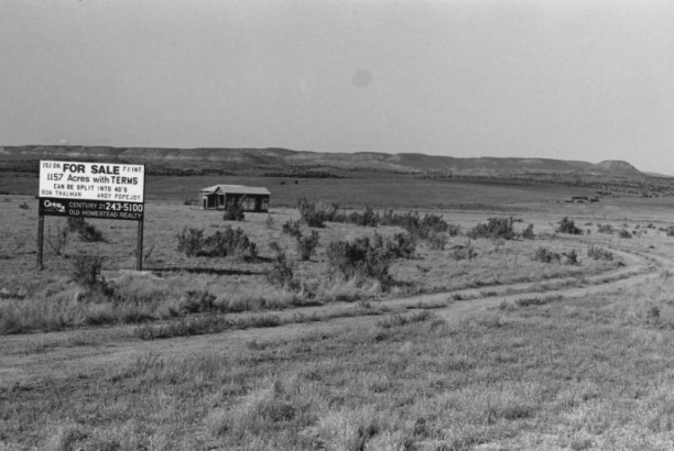 View of a for sale sign and a small clapboard structure on US 50 north of Delta, Colorado. The sign reads "15%DN For Sale 7% INT 1157 Acres with Terms can be split into 40's Ron Thalman Andy Popejoy," the Century 21 logo, and "Century 21 Old Homestead Realty 243-5100." The building has a shingeled roof and a cactus painted on one wall. A plateau or mesa is in the distance.