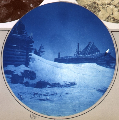 View of the shafthouse at the Plateau Mine near American City (Gilpin County), Colorado. Snow covers the ground.