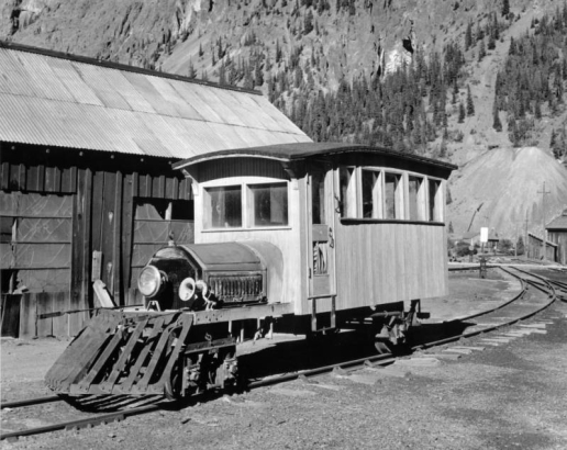 View of an automobile modified to be a rail car at the Sunnyside mine, Eureka (San Juan County), Colorado.