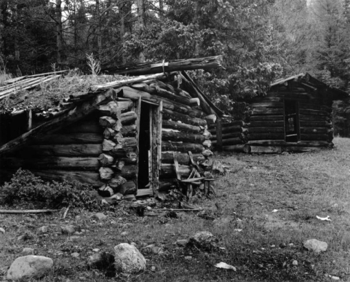 View of two dilapidated log cabins, identified as Shipler cabins, in Lulu (Grand County), Colorado.