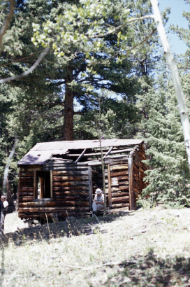 View of the Bootlegger's Cabin located at 3873 Colorado Road 46, Golden Gate Canyon State Park, Gilpin County, Colorado. This single story log cabin lies at the foot of Tremont Mountain and is an example of the hundreds of stills producing moonshine during Prohibition.  The structure was added to the State Register in 1995.