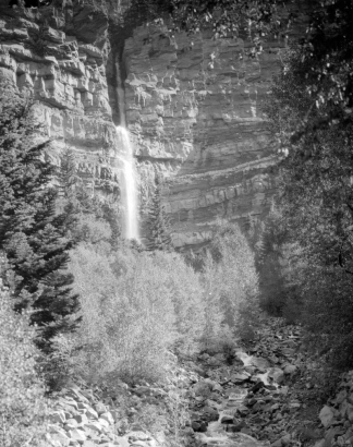 View of a waterfall, possibly Cascade Falls, near Ouray, Ouray County, Colorado.