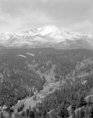 View of Pikes Peak from Mount Manitou, Manitou Springs, El Paso County, Colorado.
