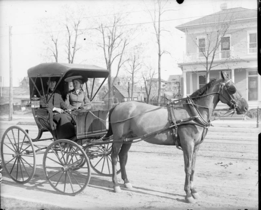 View of a horse, buggy, man and woman, in (probably) Denver, Colorado. Frame residences are in the background.