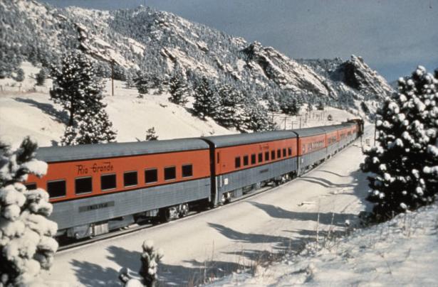 View of the Denver & Rio Grande Western Ski Train on its route in Grand County, Colo.