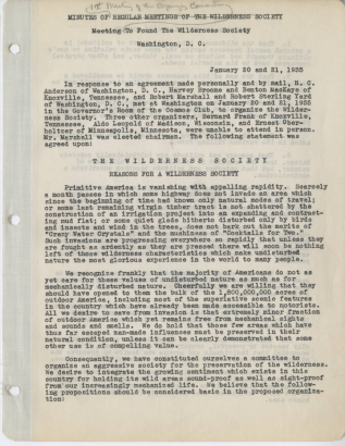 Minutes of 1st meeting of the Organizing Committee to found the Wilderness Society.