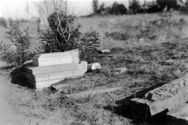 View shows old grave markers and vaults in the abandoned City Cemetery, Denver, Colorado. The cemetery was replaced by Cheesman Park, This section is now the Denver Botanic Gardens.