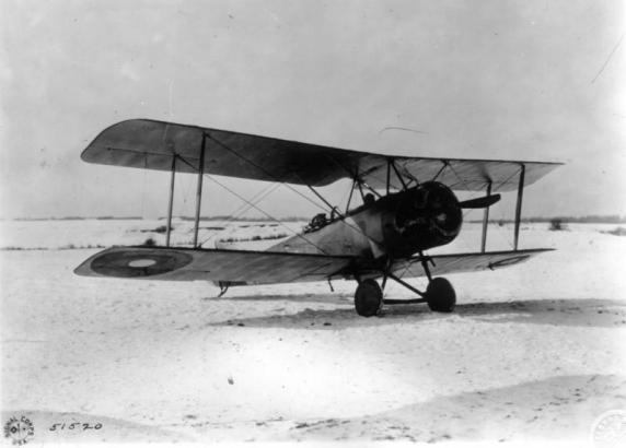 View of a Sopwith Strutter, a two seat fighter airplane with a 130 horsepower Clergat engine.