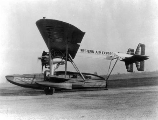 View of a Western Air Express Sikorsky S-38A amphibious airplane, with lettering: "Western Air Express Inc., Los Angeles to Catalina Island."