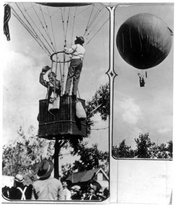 Views of balloonist Ivy Baldwin in (probably) Colorado; shows pilot and another man in the wicker basket, and the balloon in flight.