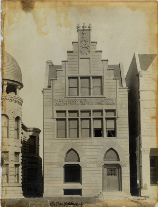 Presentation view of a residence at 1624 Washington Avenue in Denver, Colorado; architectural features include incised and stepped stone pediments, finials, and gothic arches.