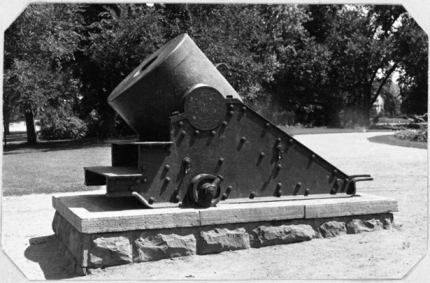 View of the 13 inch seacoast mortar donated to the city of Denver, Colorado, by the Grand Army of the Republic to commemorate the Colorado volunteer armed forces who fought in the Civil War. The cannon was placed in City Park in 1898.