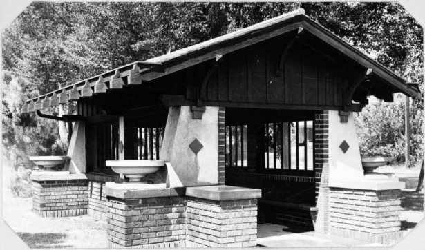 Shows a gazebo style shelter in City Park in Denver, Colorado.