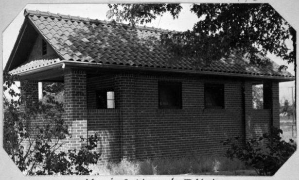 View of a brick restroom building in City Park in Denver, Colorado.