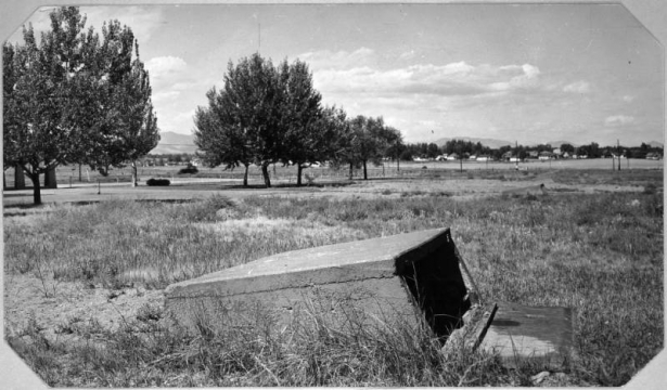 View of a cement shooting pit at the Denver Municipal Trap Club at Sloans Lake Park in Denver, Colorado. Another shooting pit is nearby.