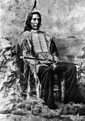 Seated portrait of Chief Red Cloud, (Makhpia-sha, or Maqpeya-luta) Native American Sioux (Lakota or Teton group, Oglala band) shows the war leader and peace negotiator seated wearing a buckskin with fringe, hair pipe breastplate, a feather in his hair and holding a cane.