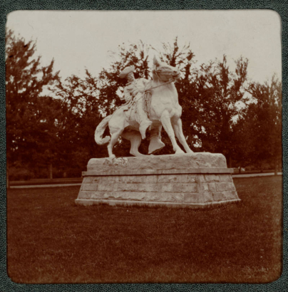 View of "The Cowboy," a sculpture by Alexander Phimister (A. P.) Proctor, in City Park, Denver, Colorado. The statue depicts a man on horseback.