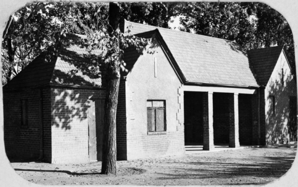 View of a brick pavilion in Columbus Park at 38th (Thirty-eighth) Avenue and Osage Street in Denver, Colorado.