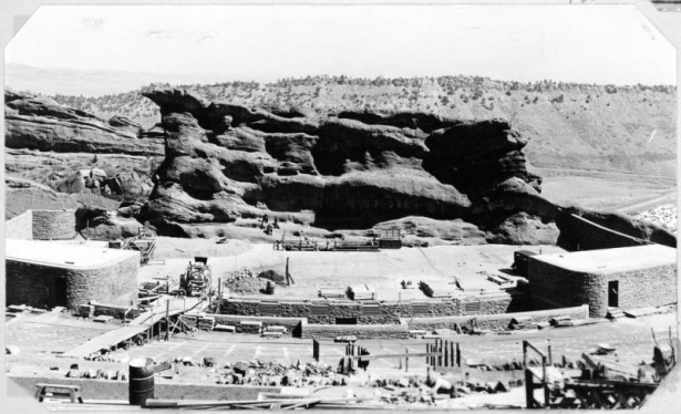 A view of construction at Red Rocks Amphitheater, Red Rocks Park, Morrison, Jefferson County, Colorado.  Shows the stage and seating area.