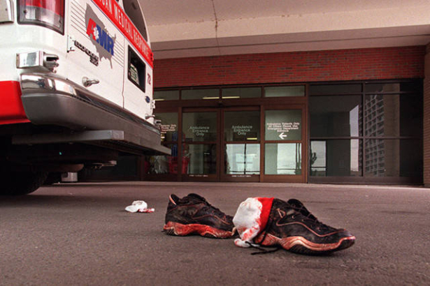 Bloody shoes and socks lie outside the emergency room at St. Anthony Central Hospital.