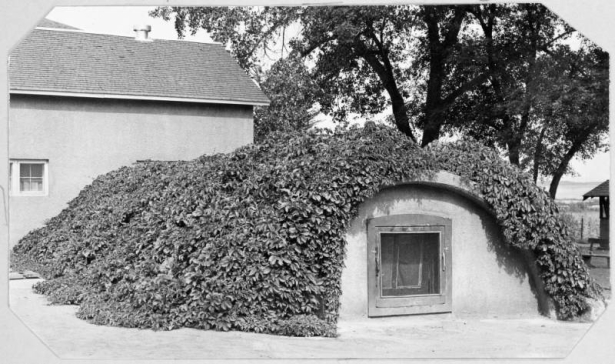 Shows the meat storage unit at the Denver County Farm (Denver Farm) in Henderson, Colorado. The building is semicircular with a small door in the front. Vines cover the roof and sides. The farm served Denver's indigent and elderly from the late 1800's until it was sold in 1960.