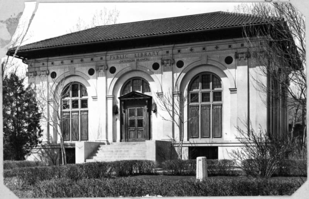 A view of the Charles E. Dickinson Branch Library of the Denver Public Library system located on Conejos Court and Hooker Street in Denver, Colorado. This building library was dedicated in 1913 and closed in 1954.