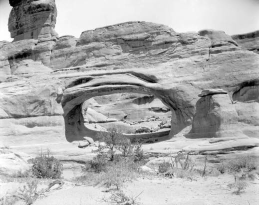 View of Tower Arch, a sandstone rock formation in Arches National Park, Utah.