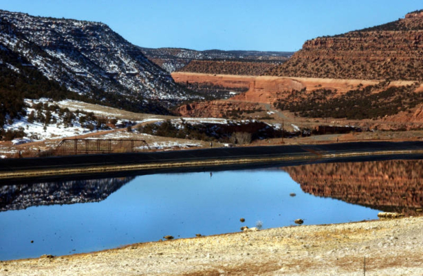 Uravan, CO.. A liquid evaporation and retention pond, one of several in Uravan, Colorado, used in the clean-up efforts of Uranium mining contaminated  land in what was once a town of about 700.    The liquid in the ponds is water collected since 1987 f...