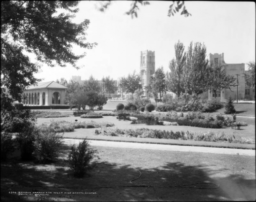 View southwest across Sunken Gardens to West High School, Elati Street and Eleventh (11th) Avenue, Denver, Colorado.