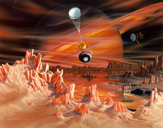 This artist's conception shows Titan's surface with Saturn appearing dimly in the background through Titan's thick atmosphere of mostly nitrogen and methane. The Cassini spacecraft flies overhead with its high-gain antenna pointed at the Huygens probe ...