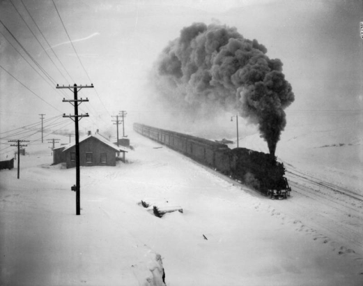 Denver and Rio Grande Western Railroad passenger train "The Scenic Limited" heads west in a blizzard at Soldier Summit, Wasatch County,Utah.