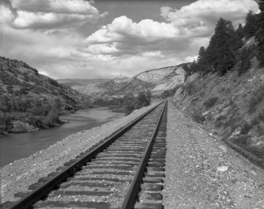 Denver and Rio Grande Western Railroad tracks on the Dotsero Cutoff follow the Colorado River in Eagle County, Colorado.