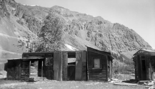 View of a dilapidated shack in Eureka, Colorado; features a lean- to and flat roof, sheet metal and horizontal wood siding, and rectangular windows; cottonwood tree behind the shack, with cliff bands and mountains in the far distance.
