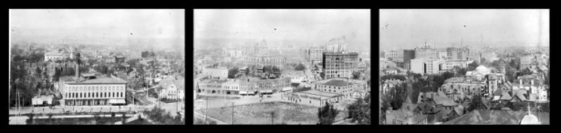 Panoramic view of Denver, Colorado looking west; landmarks include the Arapahoe County Courthouse, Fire Engine House Number One, Brown Palace Hotel, the Majestic Building, and Hotel Metropole. Signs read: "Hair Dressing," "The "M" Company of America," "Palace Stables," "Geo. Sell's Bakery," "A. T. Wilson. Automobiles. Repairs. Storage.," "Denver Clothes Pressing Co. $3.00 For # Months.," and "Drugs, Prescriptions, Cigars At Corner."