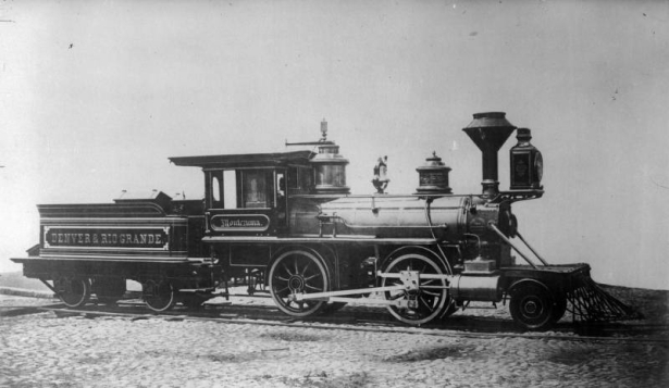 Photo of a photograph of a builder's view of Denver and Rio Grande Railroad locomotive number one; sign on the cab reads: "Montezuma."