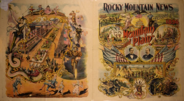 A lithograph poster advertising the Rocky Mountain News Festival of Mountain and Plain. Shows images of a parade. The text reads: "Rocky Mountain News Festival of Mountain and Plain/ October 7th /1896/ The queen of the plains/ The king of the Mountains/ WM. J. Bryan/ A.J. Sewell/ Western Litho. Co. / Denver/SS/705" The poster has a plastic cover and a brown cardboard back.