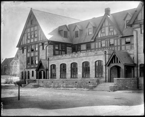 Close, external view of Bemis Hall, a women's residence hall opened in 1908 on the Colorado College campus in Colorado Springs, Colorado.