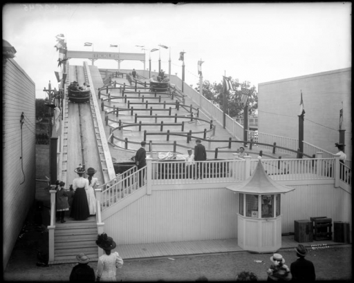 View of the "Tickler" ride at White City amusement park (later named Lakeside), west of Denver, Colorado.