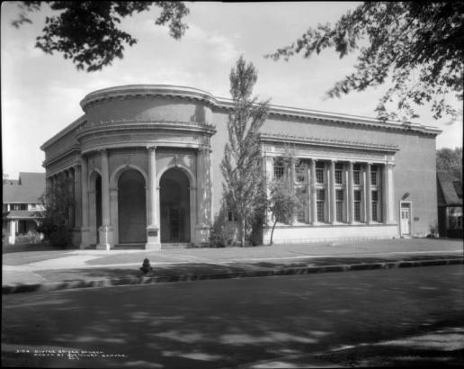 Divine Science Church, Fourteenth Avenue and Williams Street, Denver, Colorado, a Beaux-Arts style structure with a flat roof, curved entry with arches, and columns with corinthian columns.